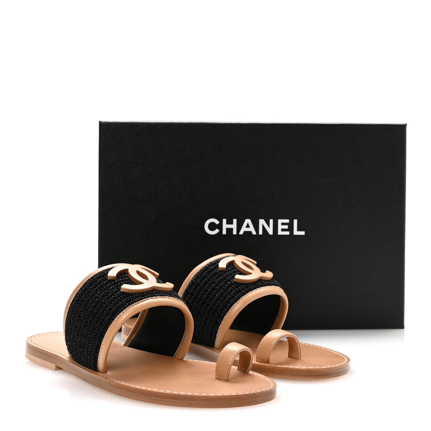 Chanel Raffia Lambskin CC Mules 37 Black Beige 1835427 – FASHIONPHILE