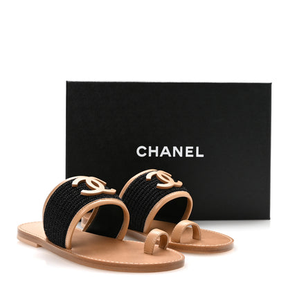 Chanel Raffia Lambskin CC Mules 37 Black Beige 9 of 9