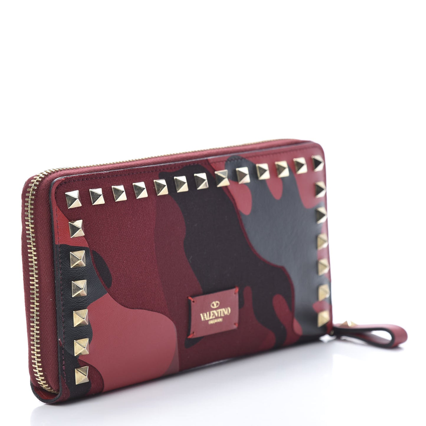 Canvas Calfskin Camouflage Rockstud Zip Around Wallet Red