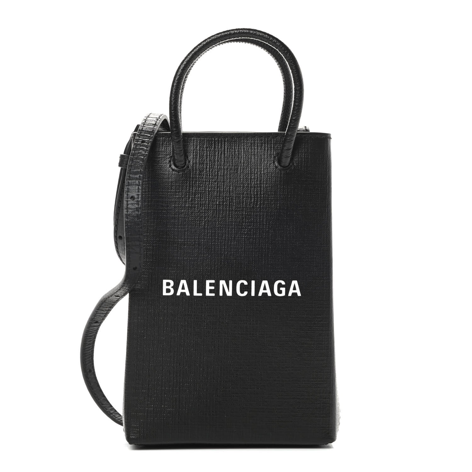 Balenciaga Squared Calfskin Logo Shopping Phone Holder Bag Black 1 of 10