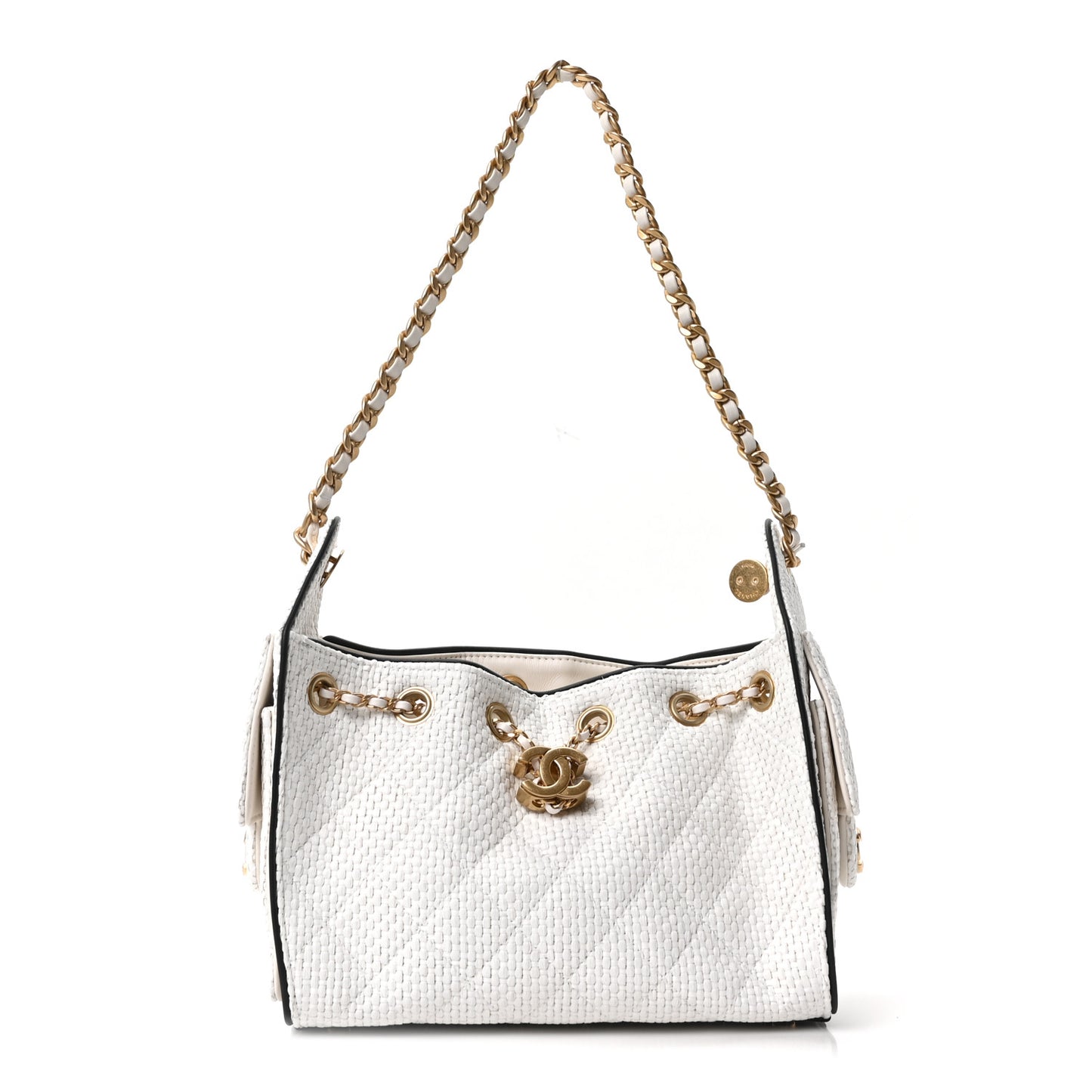 Braided Raffia Calfskin Mini Chanel 25 Handbag White Black