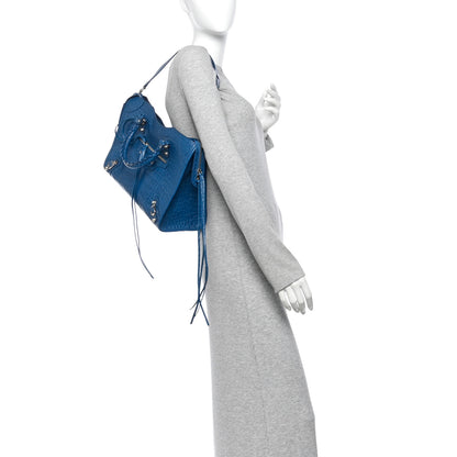 Balenciaga Calfskin Crocodile Embossed Classic Silver Hardware City Bleu Marine 2 of 12