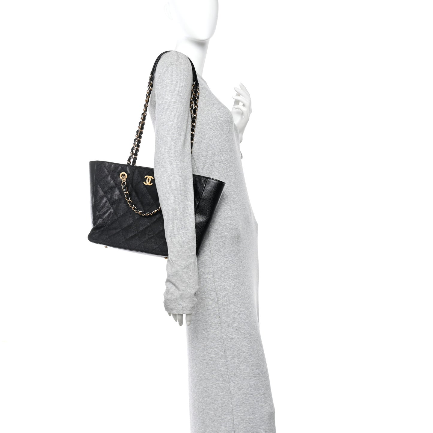 Caviar Quilted Small Trapezoid Chain Shopping Tote Black