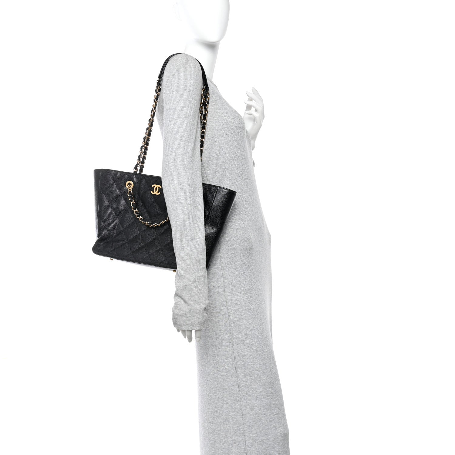 Chanel Caviar Quilted Small Trapezoid Chain Shopping Tote Black 2 of 10