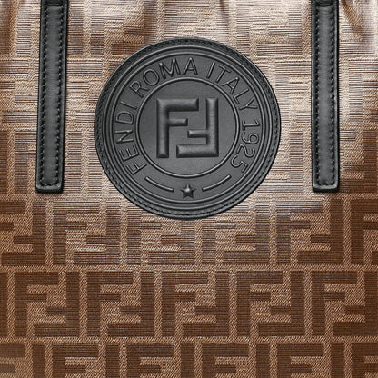 Fendi Glazed Fabric Vitello Century FF 1974 Stamp Patch Shopping Tote Mogano Panna Black 8 of 12