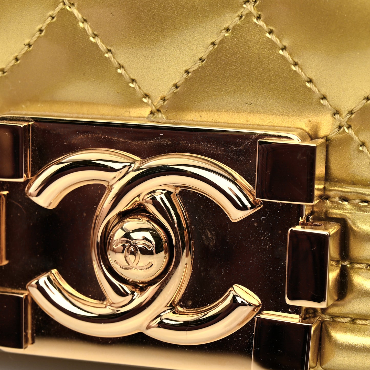 Metallic Patent Calfskin Quilted Small Boy Flap Gold