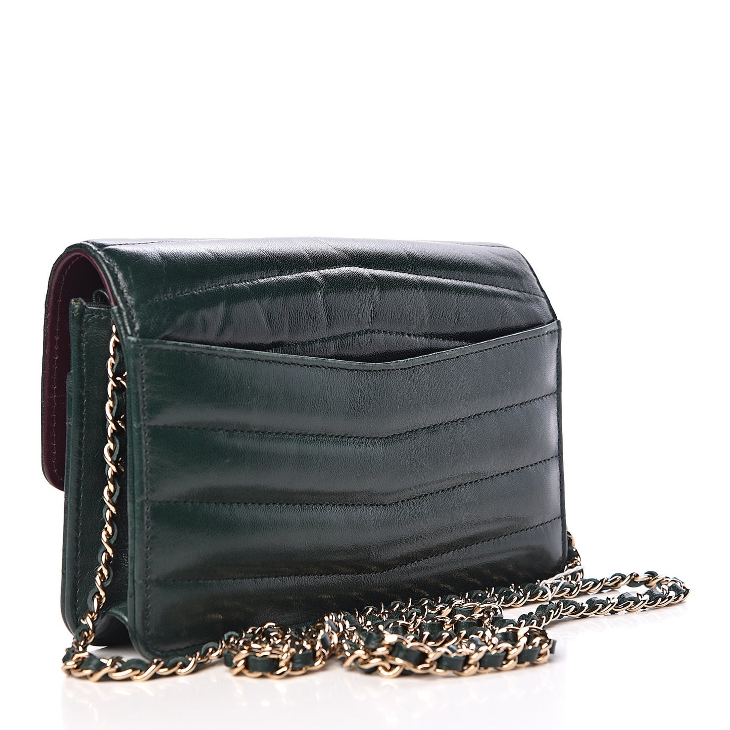 Lambskin Chevron Quilted Wallet On Chain WOC Dark Green
