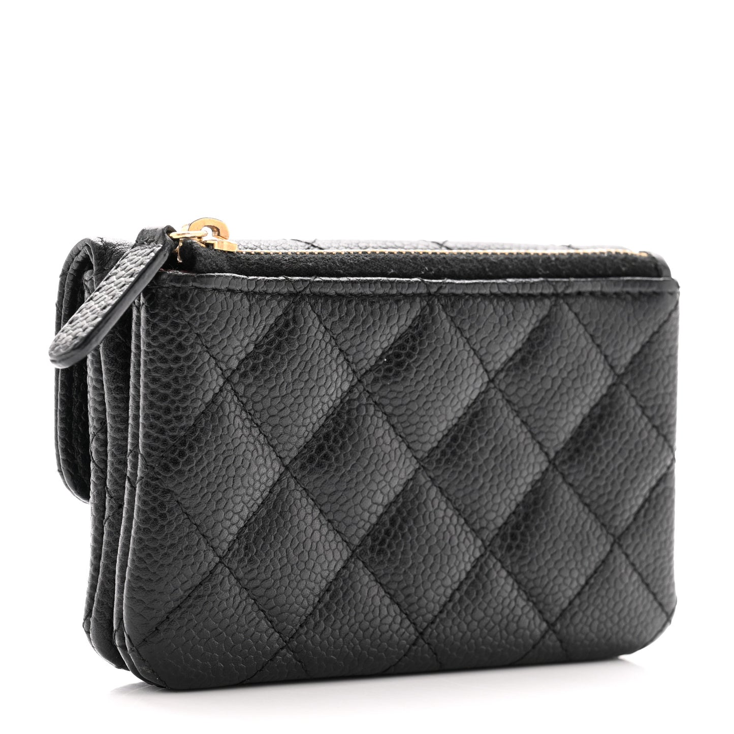 Caviar Quilted Flap Zip Card Holder Black