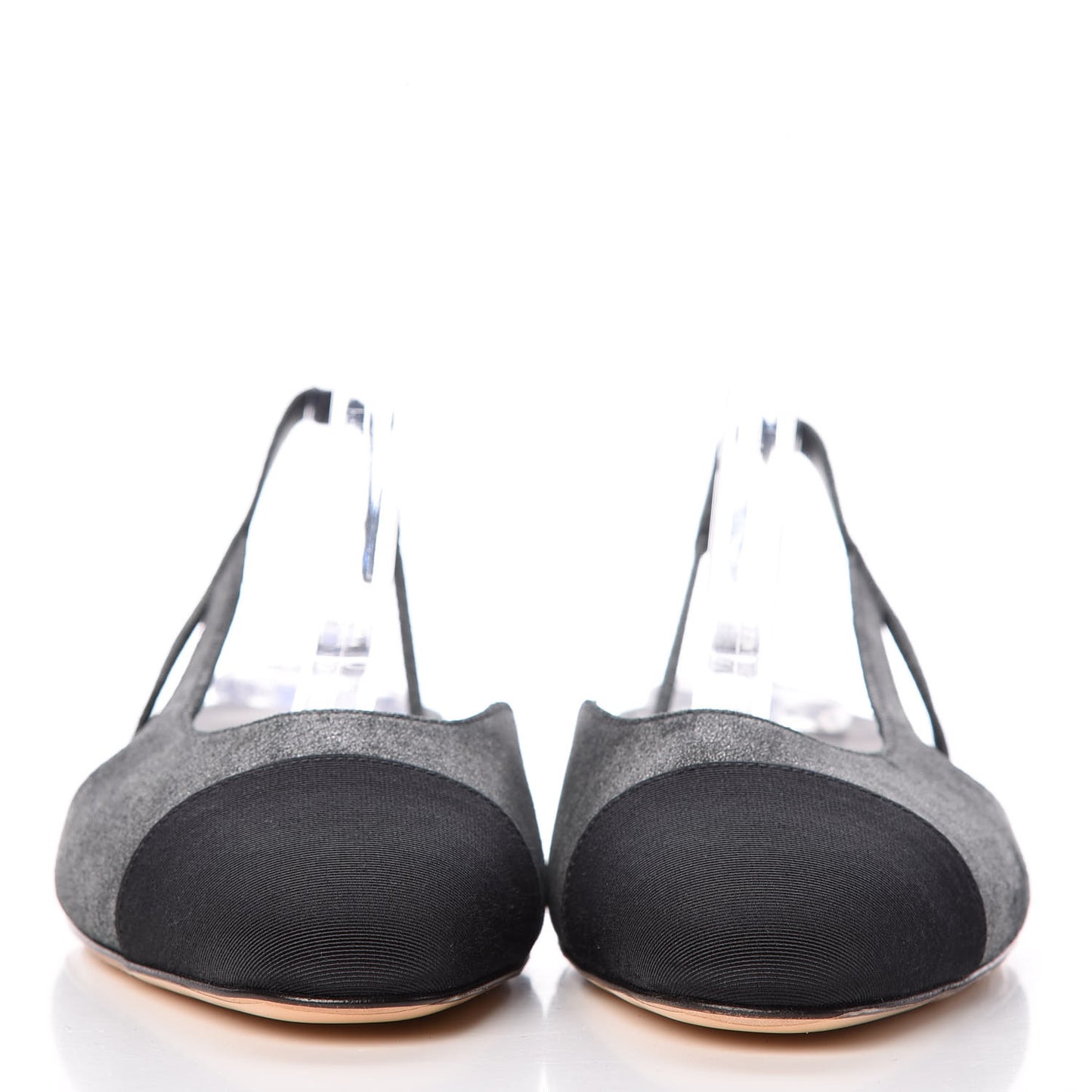 Metallic Lambskin Grosgrain Cap Toe CC Slingback Flats 37 Black Grey