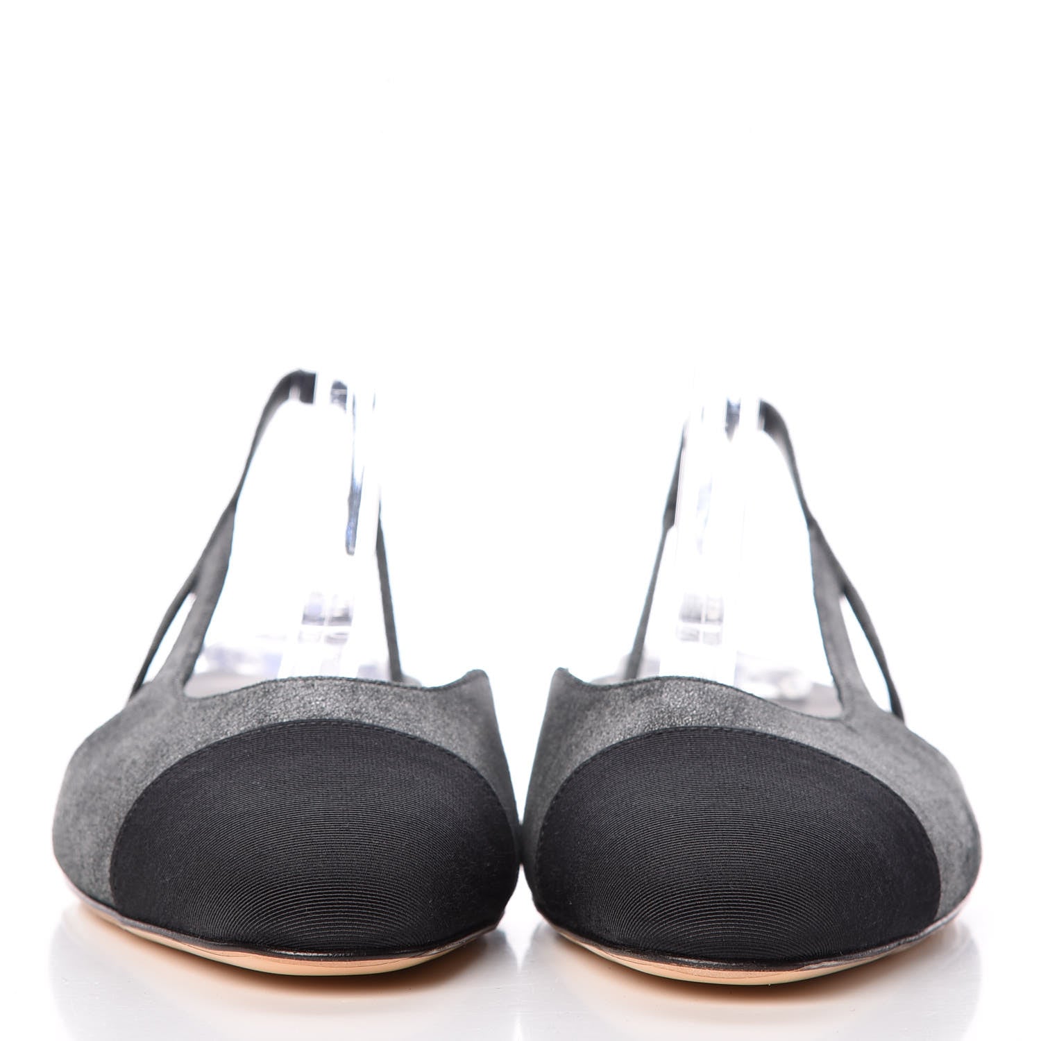 Chanel Metallic Lambskin Grosgrain Cap Toe CC Slingback Flats 37 Black Grey 2 of 10