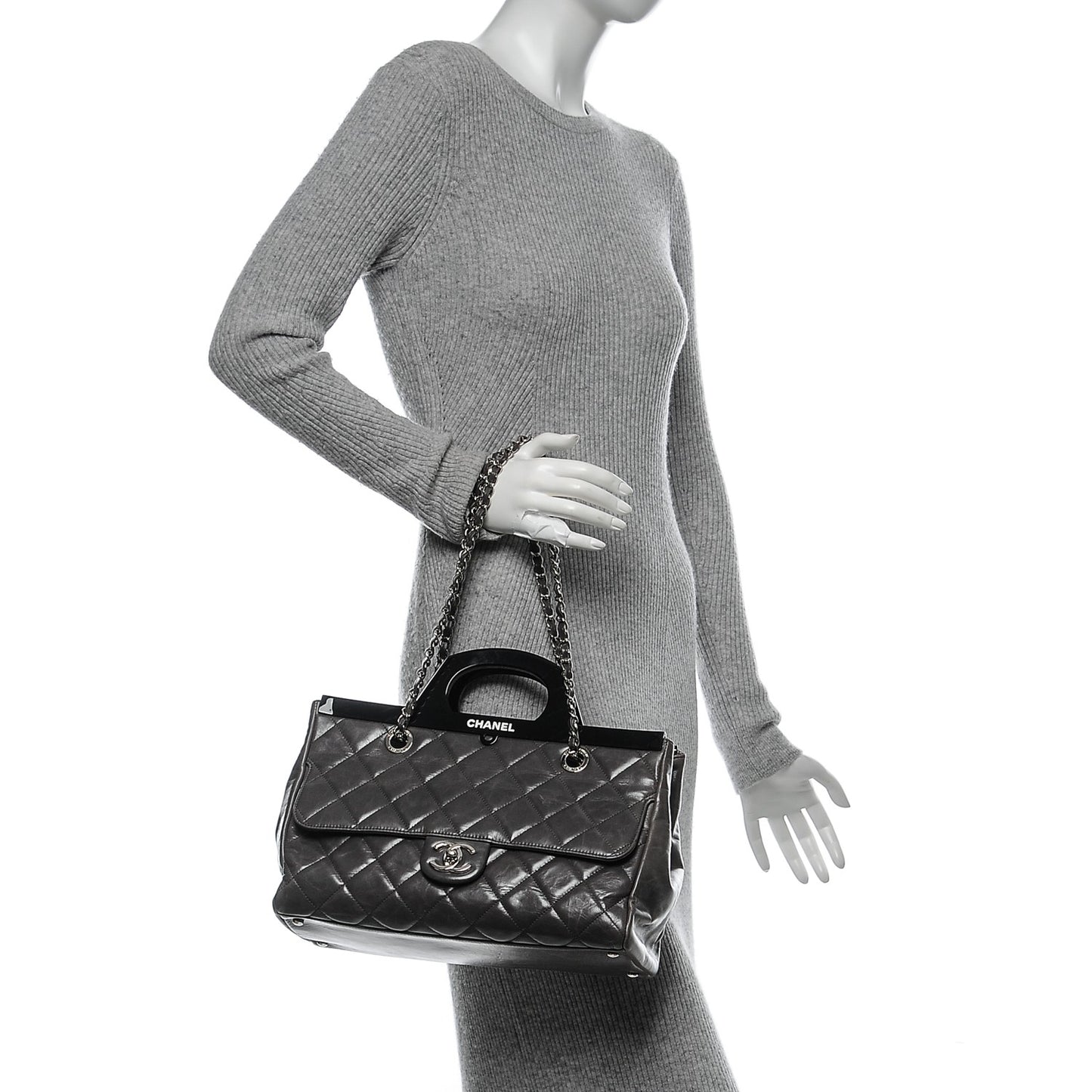 Glazed Calfskin Quilted Small CC Delivery Tote Grey