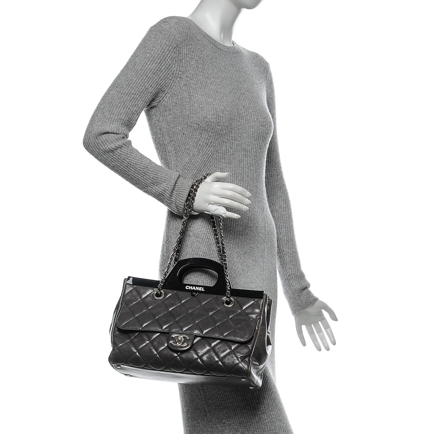 Chanel Glazed Calfskin Quilted Small CC Delivery Tote Grey 2 of 7