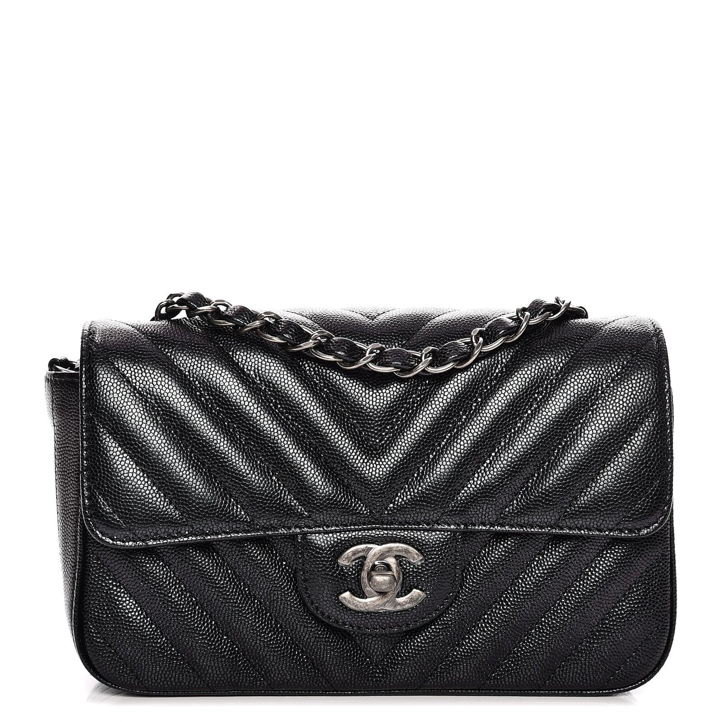 Iridescent Caviar Chevron Quilted Mini Rectangular Flap Black