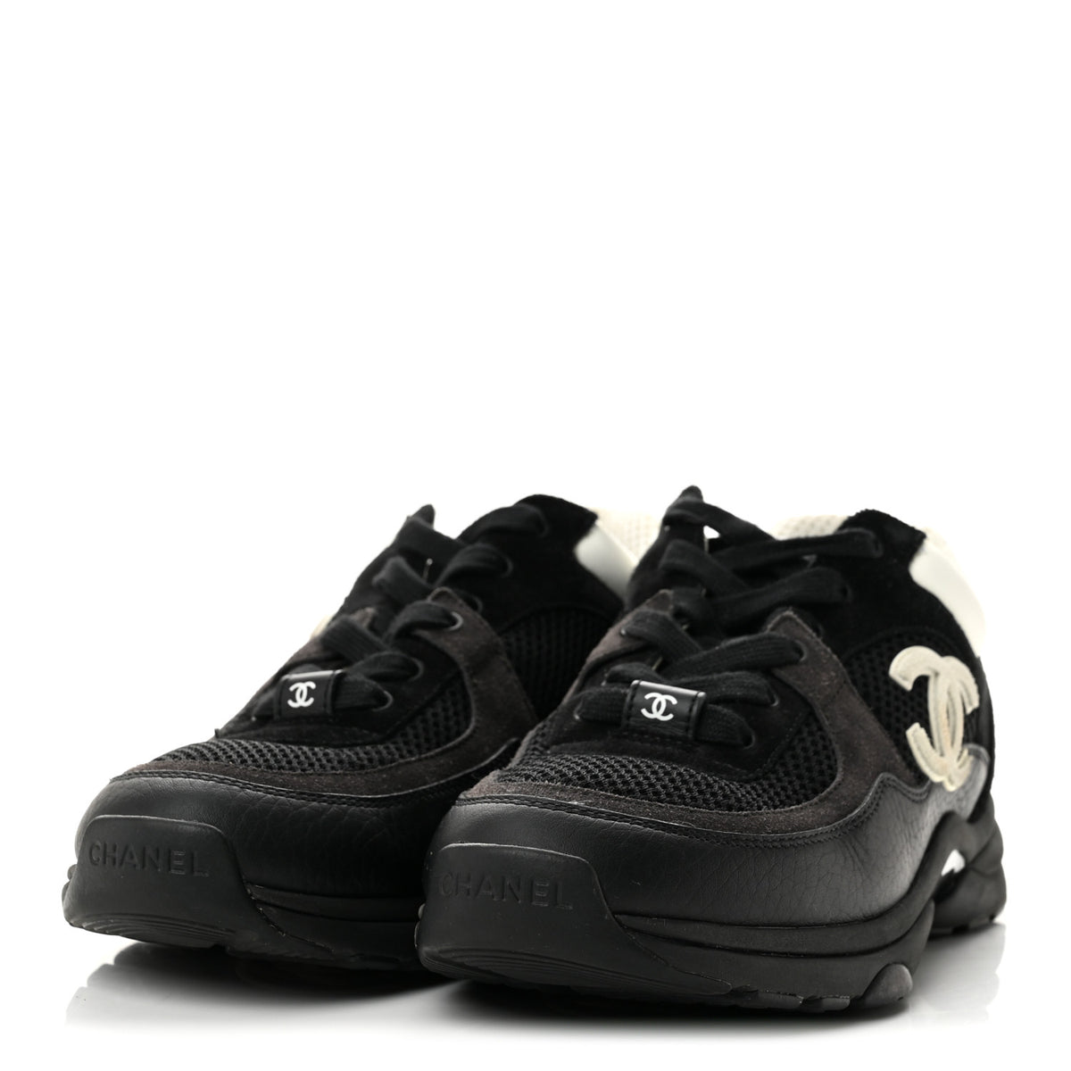 Chanel Mesh Suede Grained Calfskin Womens CC Sneakers 37 Black White 4 of 10