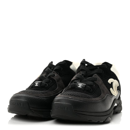 Chanel Mesh Suede Grained Calfskin Womens CC Sneakers 37 Black White 4 of 10