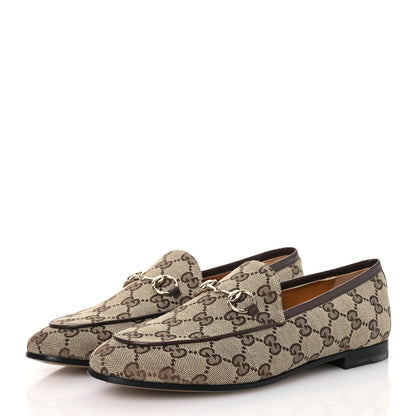 Gucci Canvas GG Monogram Horsebit Womens Jordaan Loafers 37.5 Beige Ebony New Acero 3 of 13