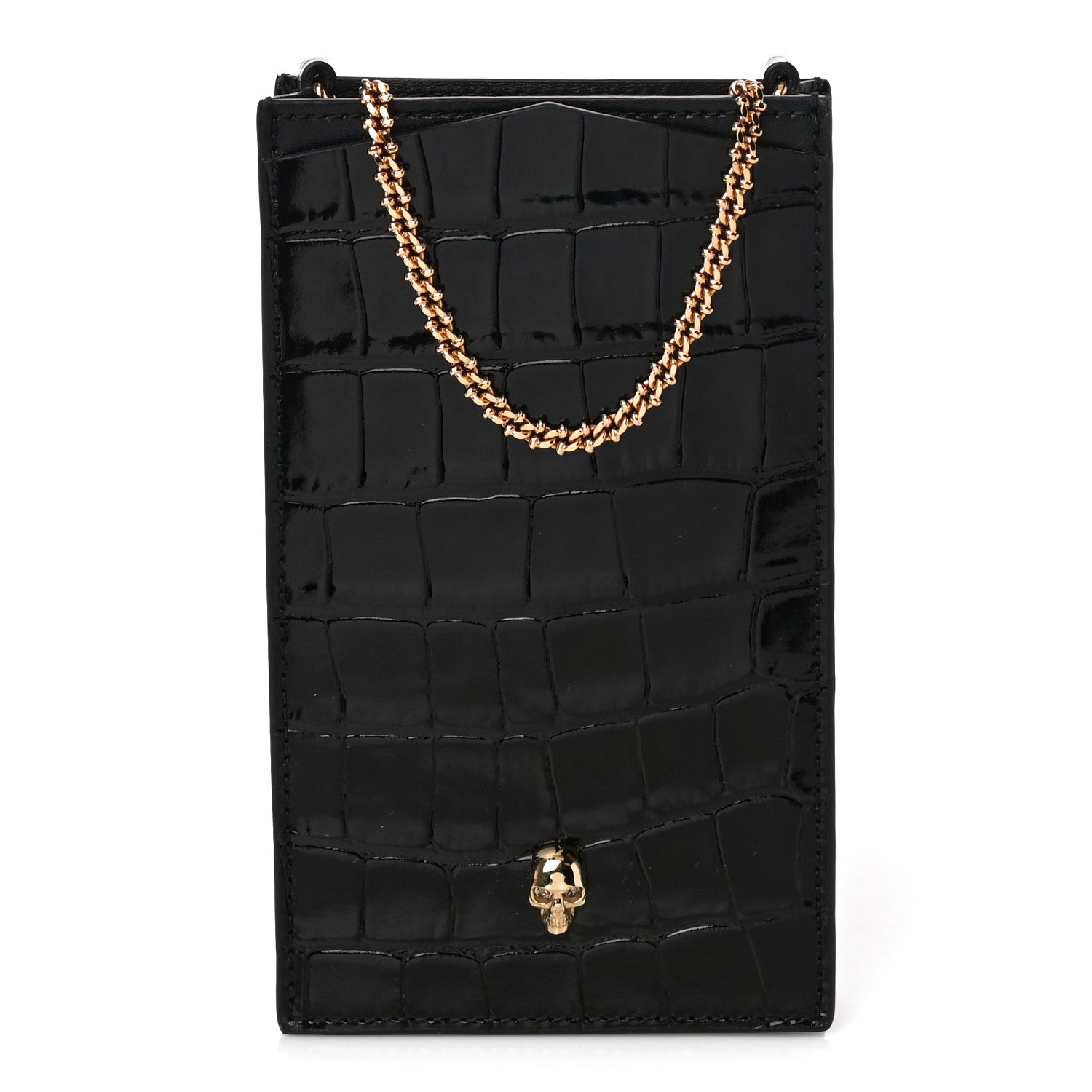 Alexander McQueen Calfskin Crocodile Embossed Skull Chain Phone Case Black 2 of 10