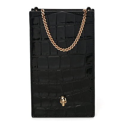 Alexander McQueen Calfskin Crocodile Embossed Skull Chain Phone Case Black 2 of 10