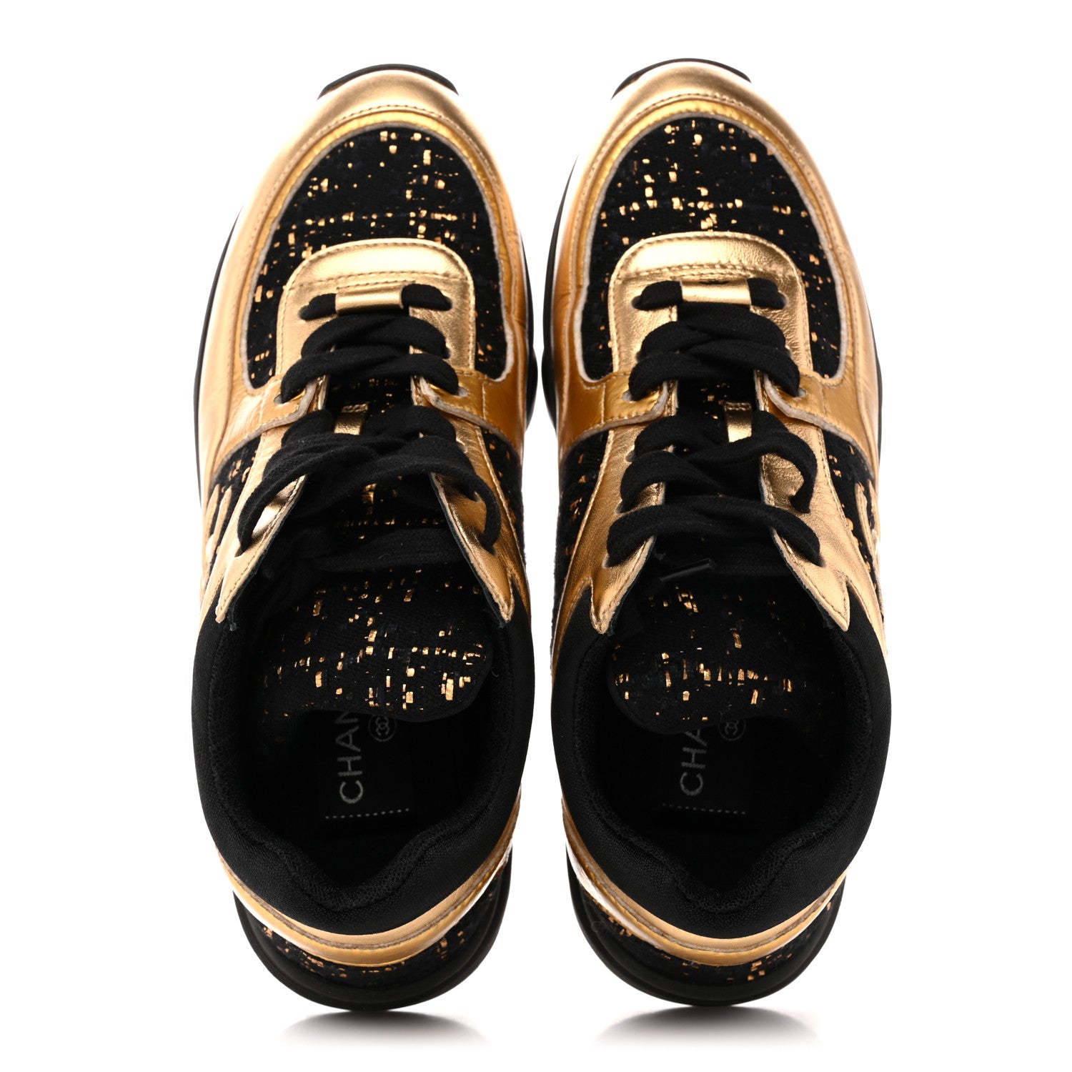 Chanel Satin Lambskin Fabric Tweed CC Sneakers 36.5 Gold Black