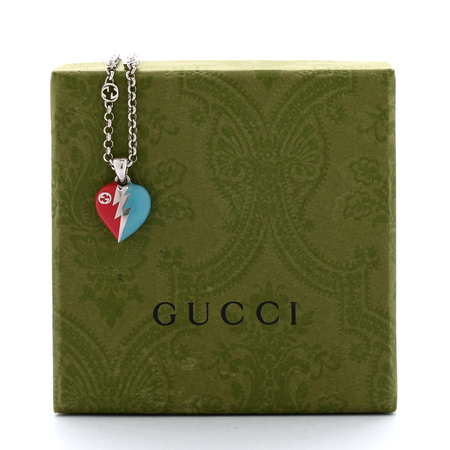 Gucci Metal Enamel Interlocking G Heart Lightning Charm Necklace Red Blue 7 of 7