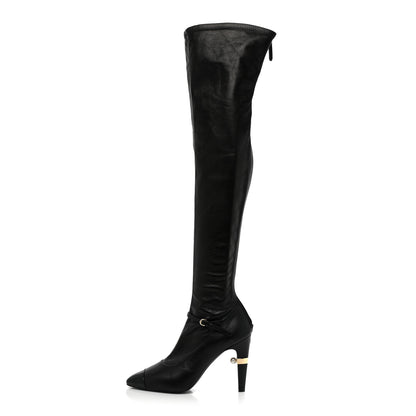 Chanel Calfskin Patent Cap Toe Pearl High Boots 38.5 Black 1 of 9