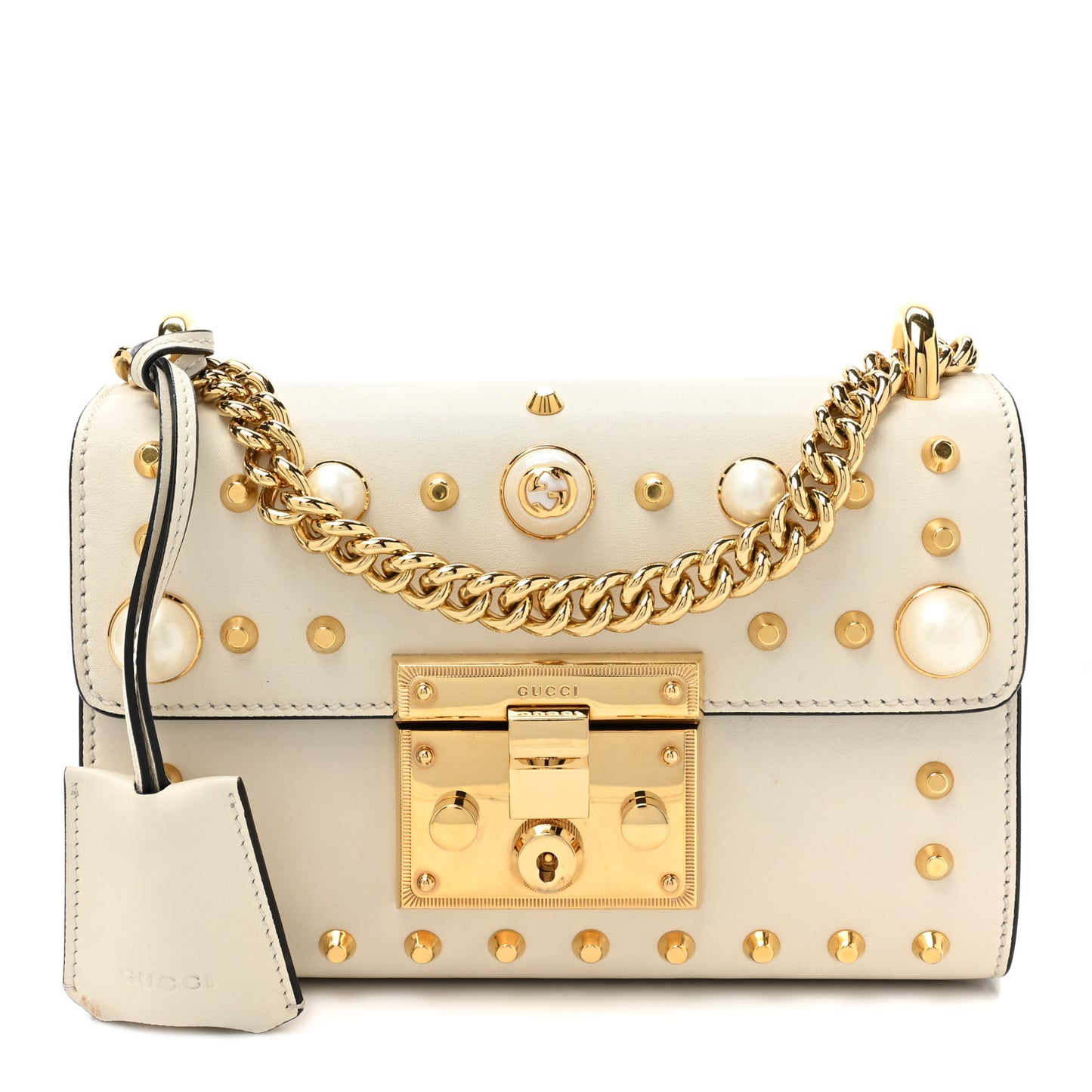 Calfskin Studded Small Padlock Shoulder Bag White