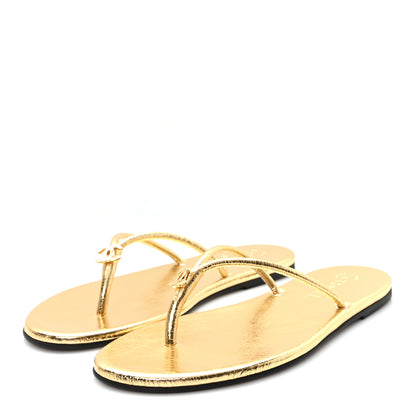 Chanel Crackled Laminated Calfskin Thong Flat Sandals 39.5 Gold 4 of 9