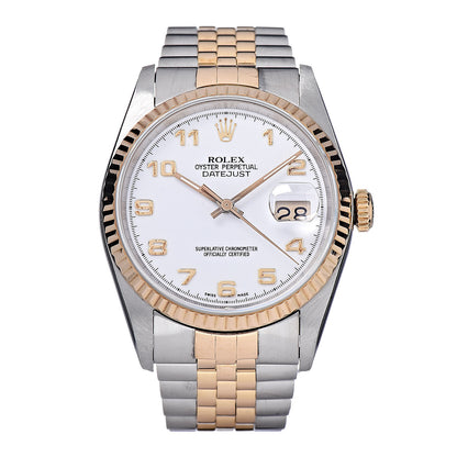 Rolex Stainless Steel 18K Yellow Gold 36mm Oyster Perpetual Datejust Watch White Arabic 16233 1 of 11