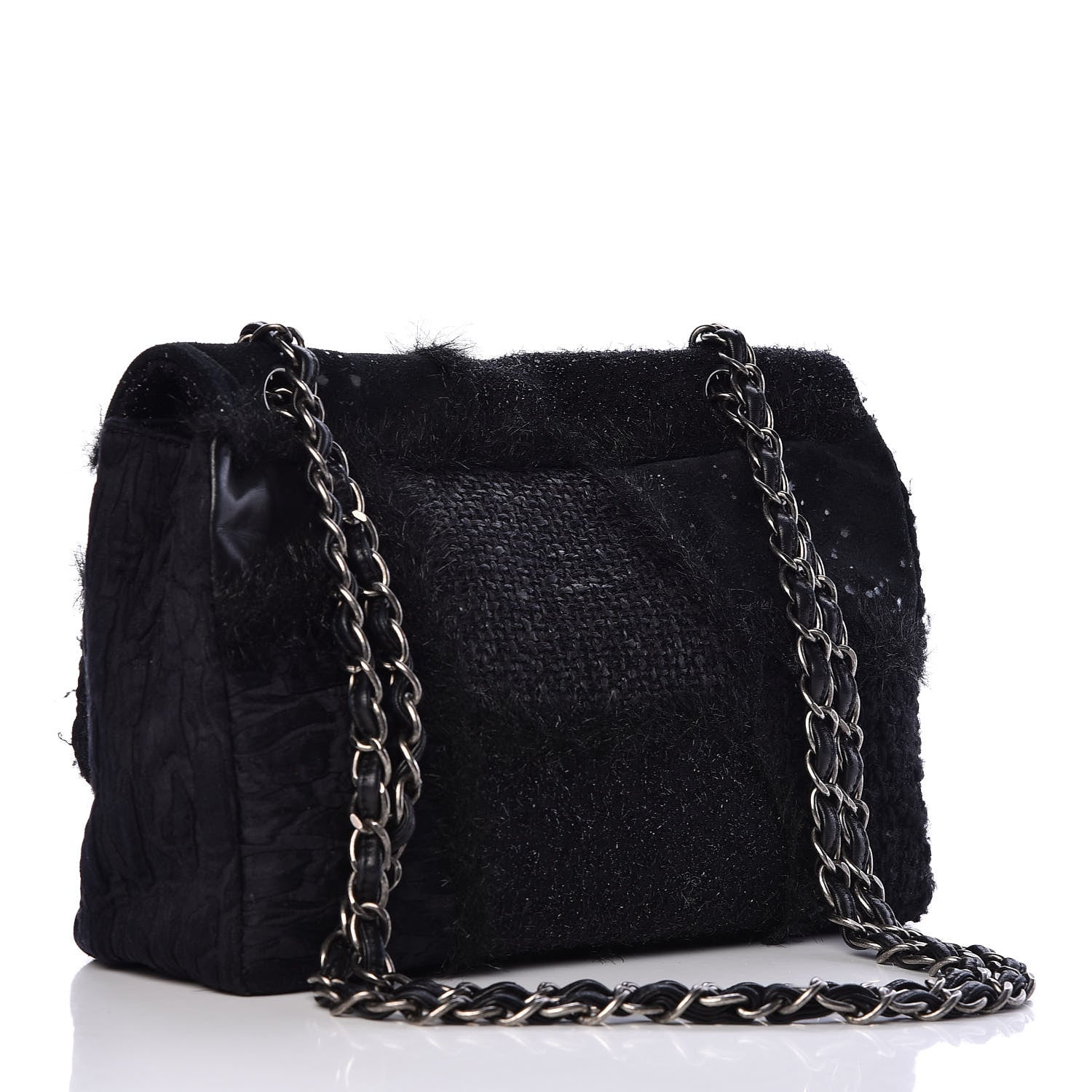 Chanel Tweed Faux Fur Patchwork Jumbo Single Flap Black 3 of 10