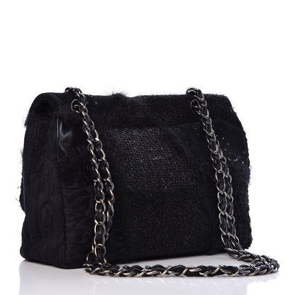 Chanel Tweed Faux Fur Patchwork Jumbo Single Flap Black 3 of 10