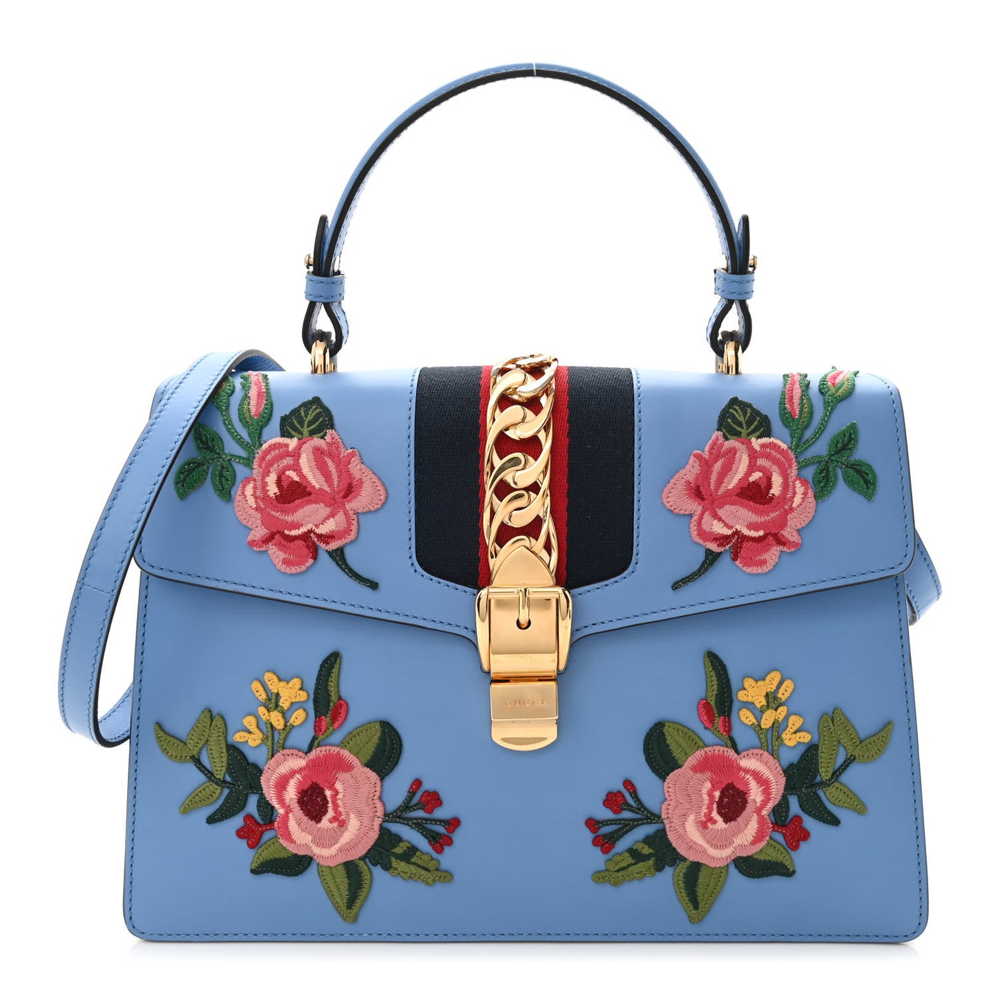 Calfskin Embroidered Medium Sylvie Top Handle Bag Clear Sky Blue