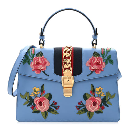 Gucci Calfskin Embroidered Medium Sylvie Top Handle Bag Clear Sky Blue 1 of 10