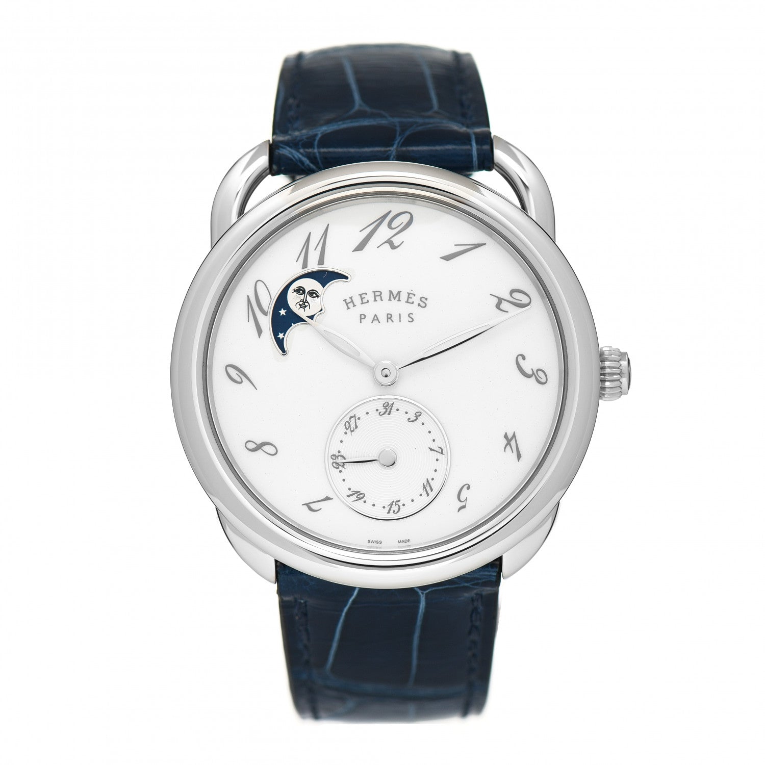 Hermes Stainless Steel Alligator Mother of Pearl 38mm Arceau Petite Lune Automatic Watch Bleu Saphir 1 of 5
