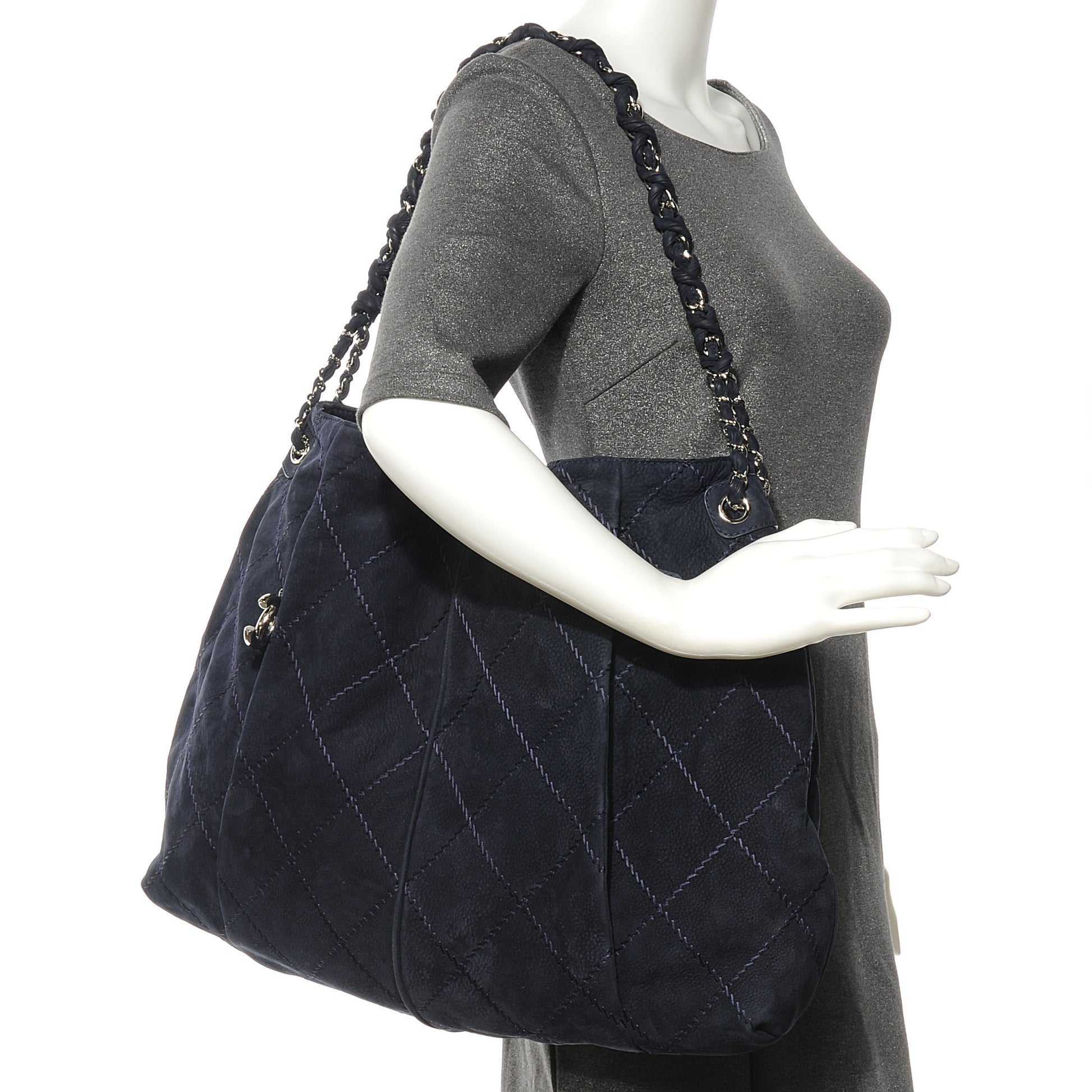 Chanel Suede Braided Chain Shopping Tote Large Dark Blue 2 of 7