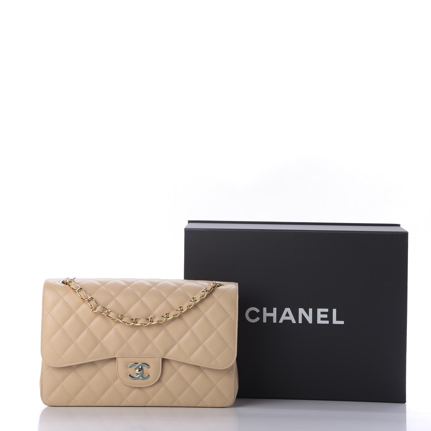 Caviar Quilted Jumbo Double Flap Beige Clair