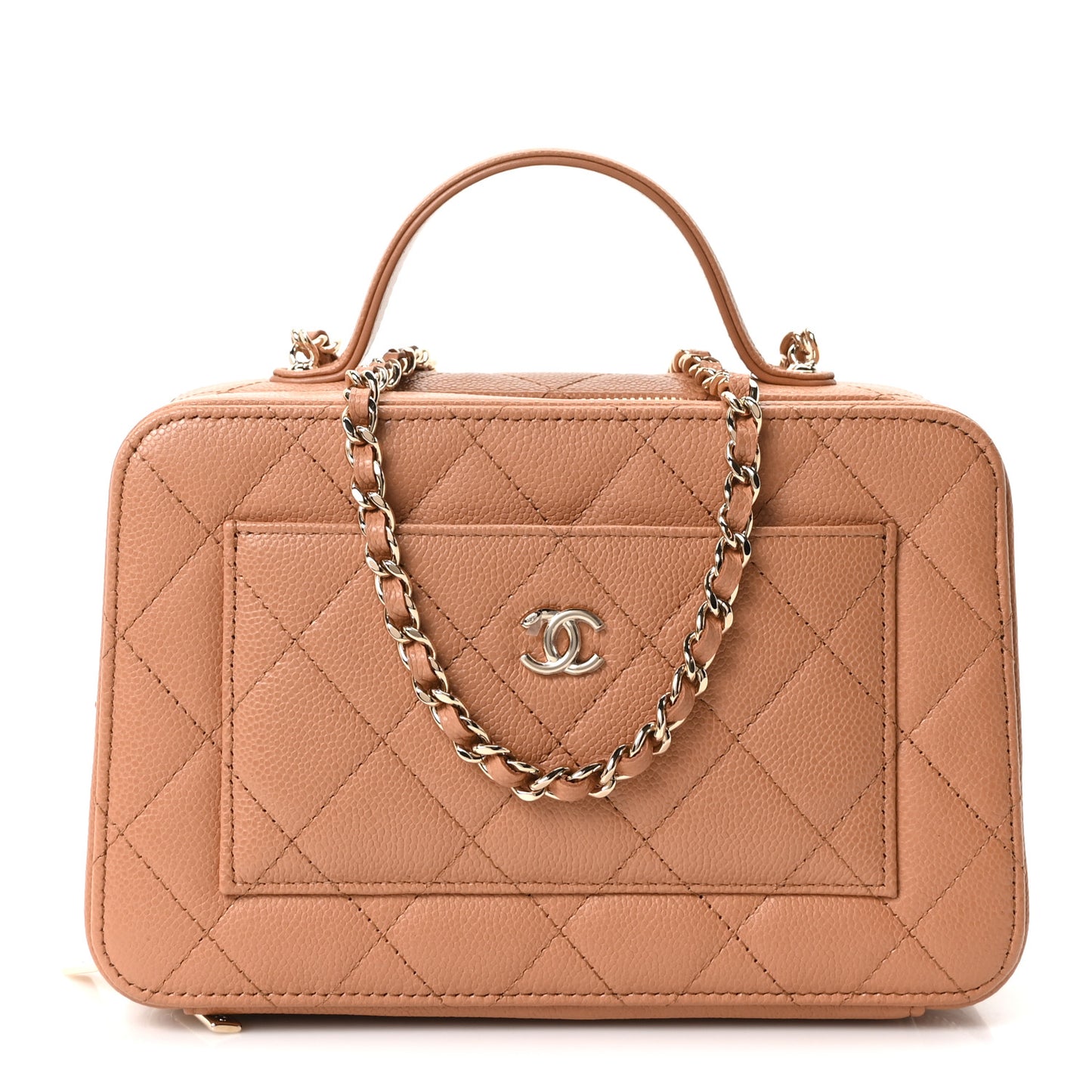 Caviar Quilted Top Handle Vanity With Chain Dark Beige