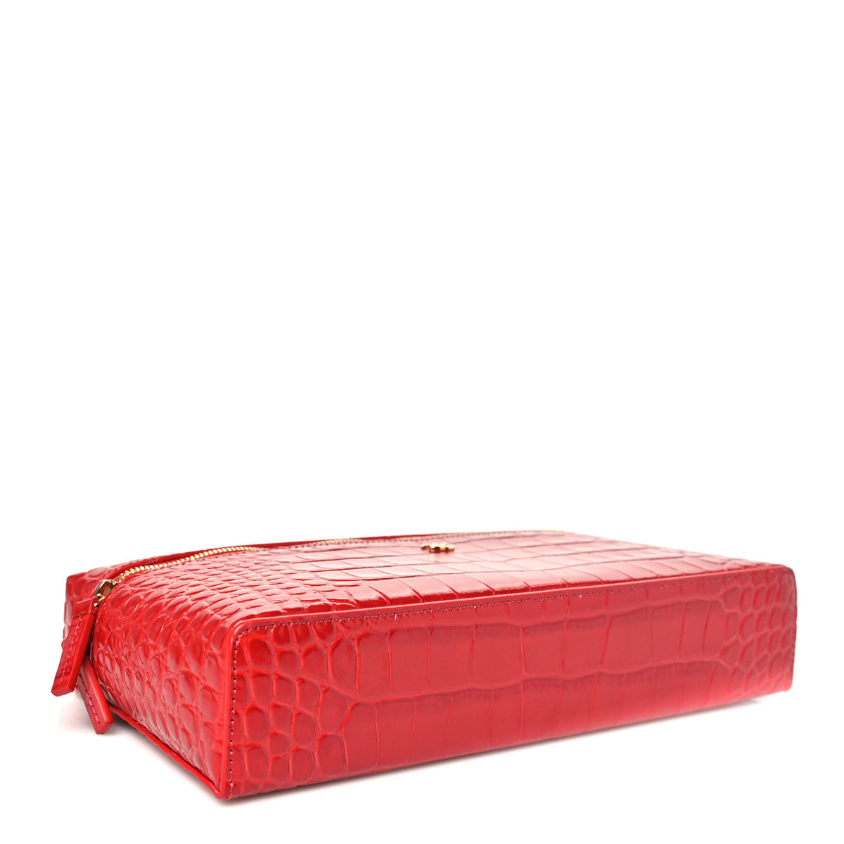 Calfskin Crocodile Embossed Crococo Top Handle East West Vanity Case With Chain Dark Red