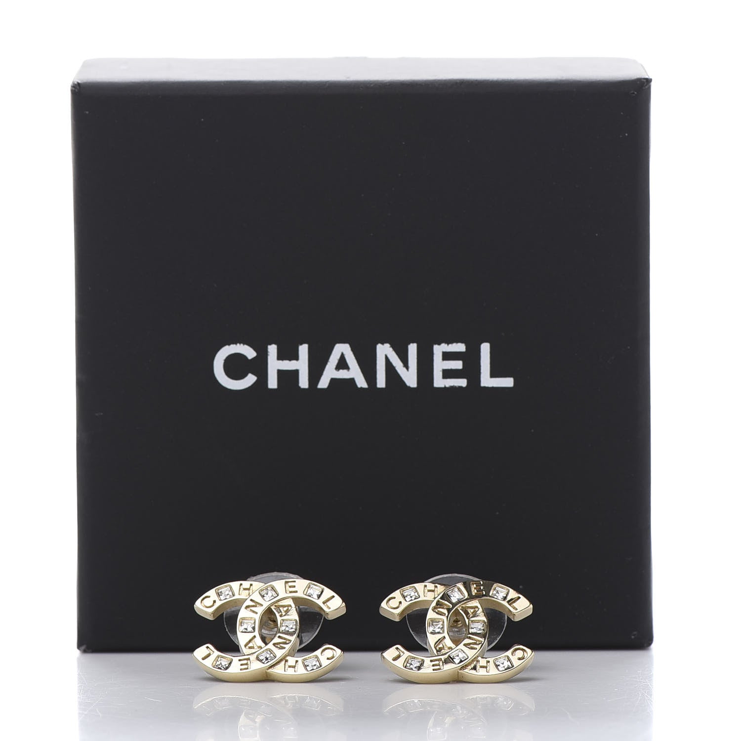 Chanel Crystal Metal CC Paris Button Stud Earrings Gold 6 of 6