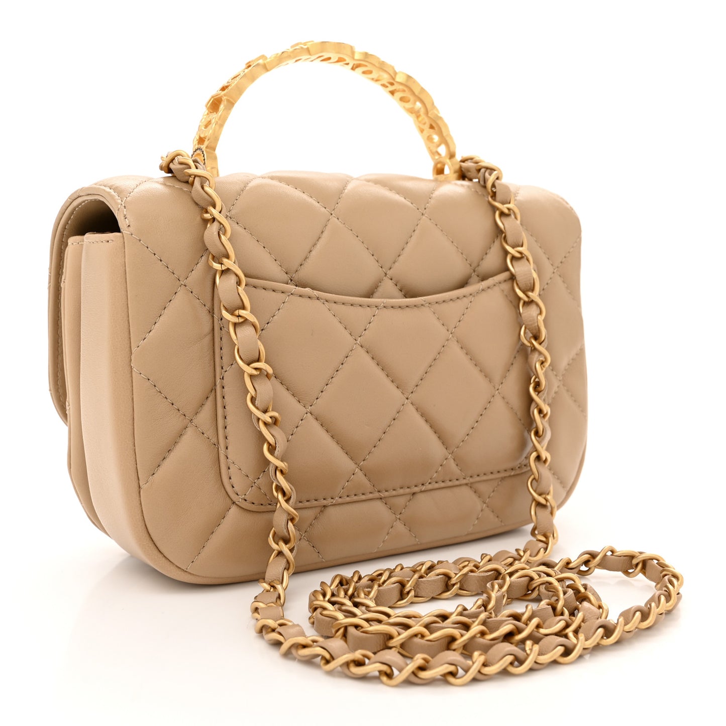 Lambskin Quilted Strass Small CC Top Handle Flap Beige