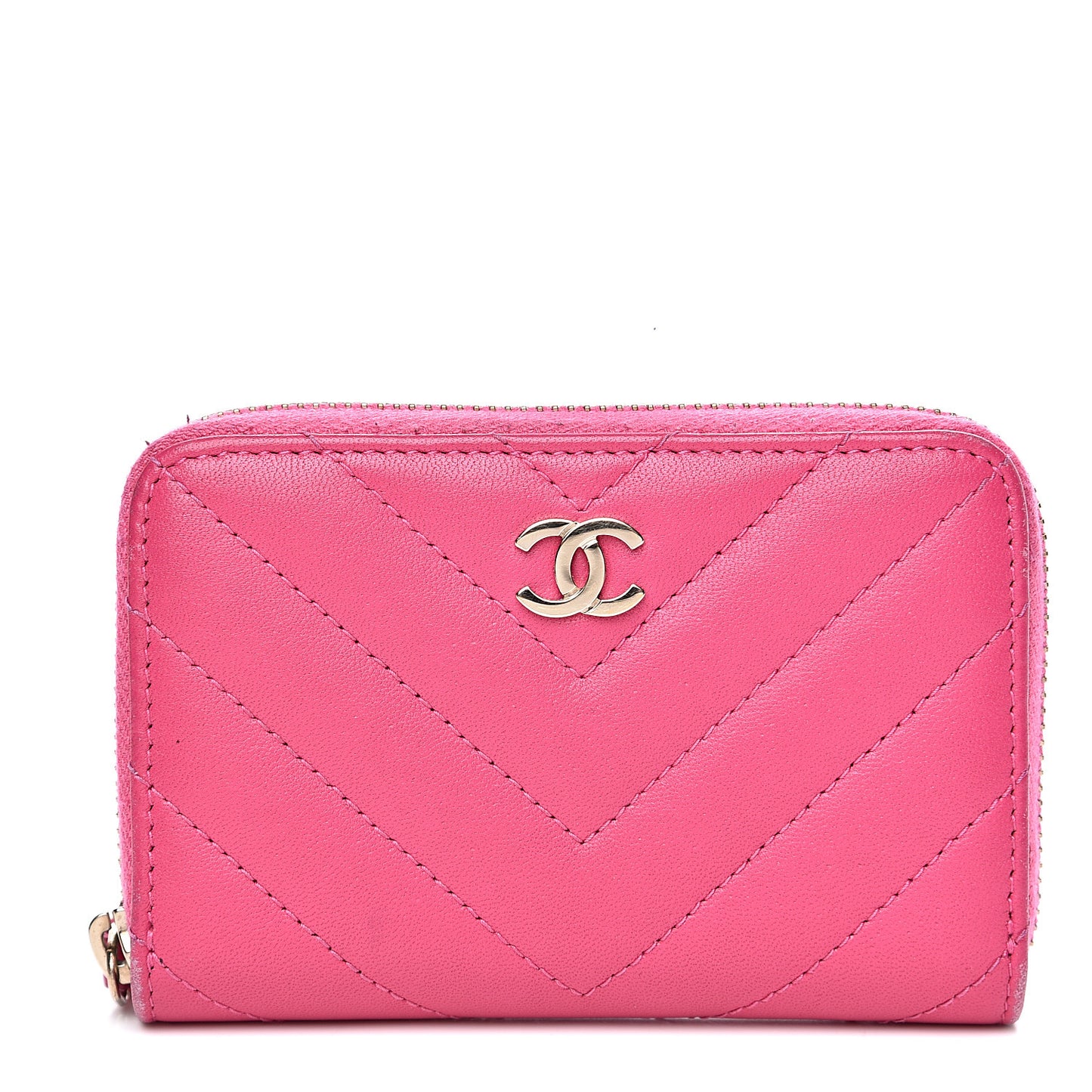 Lambskin Chevron Quilted Zip Around Coin Purse Pink