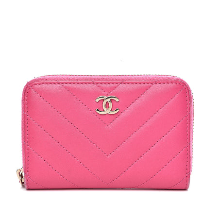 Chanel Lambskin Chevron Quilted Zip Around Coin Purse Pink 1 of 14