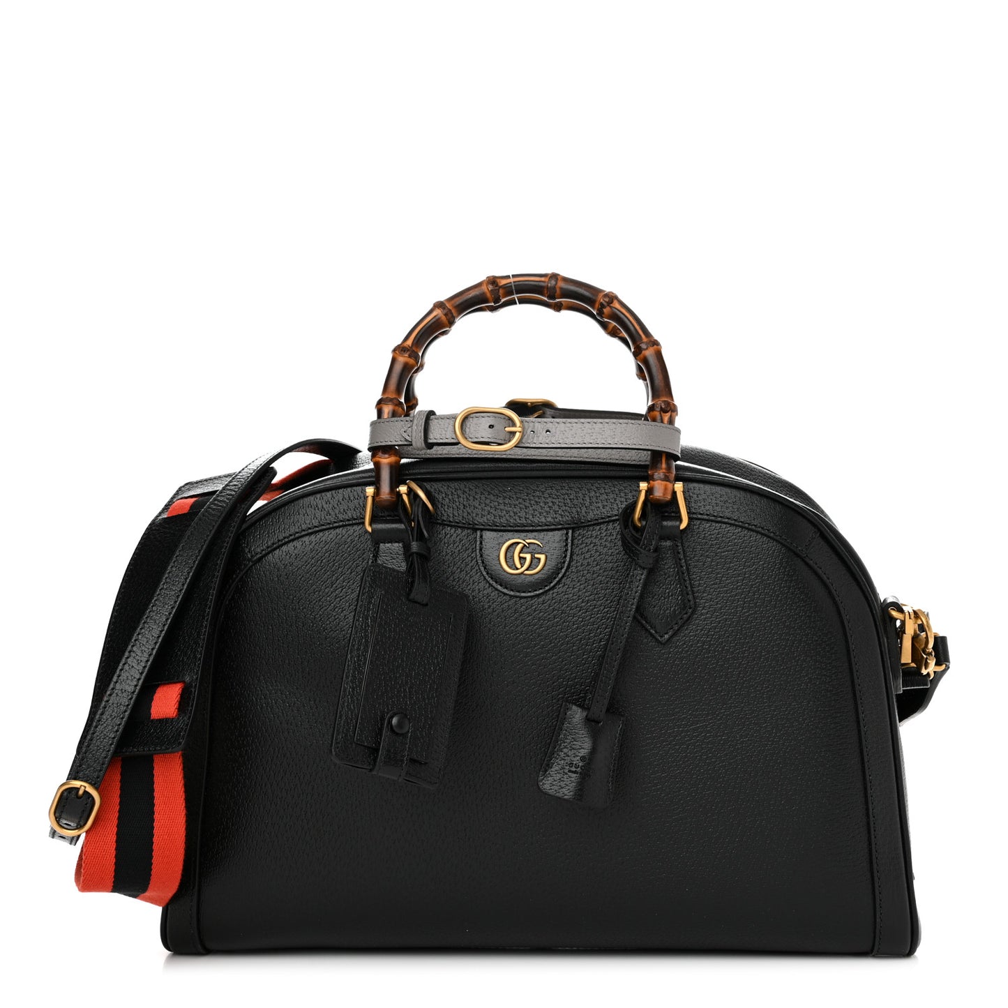 Textured Dollar Calfskin Web Large Diana Duffle Bag Black Dusty Grey