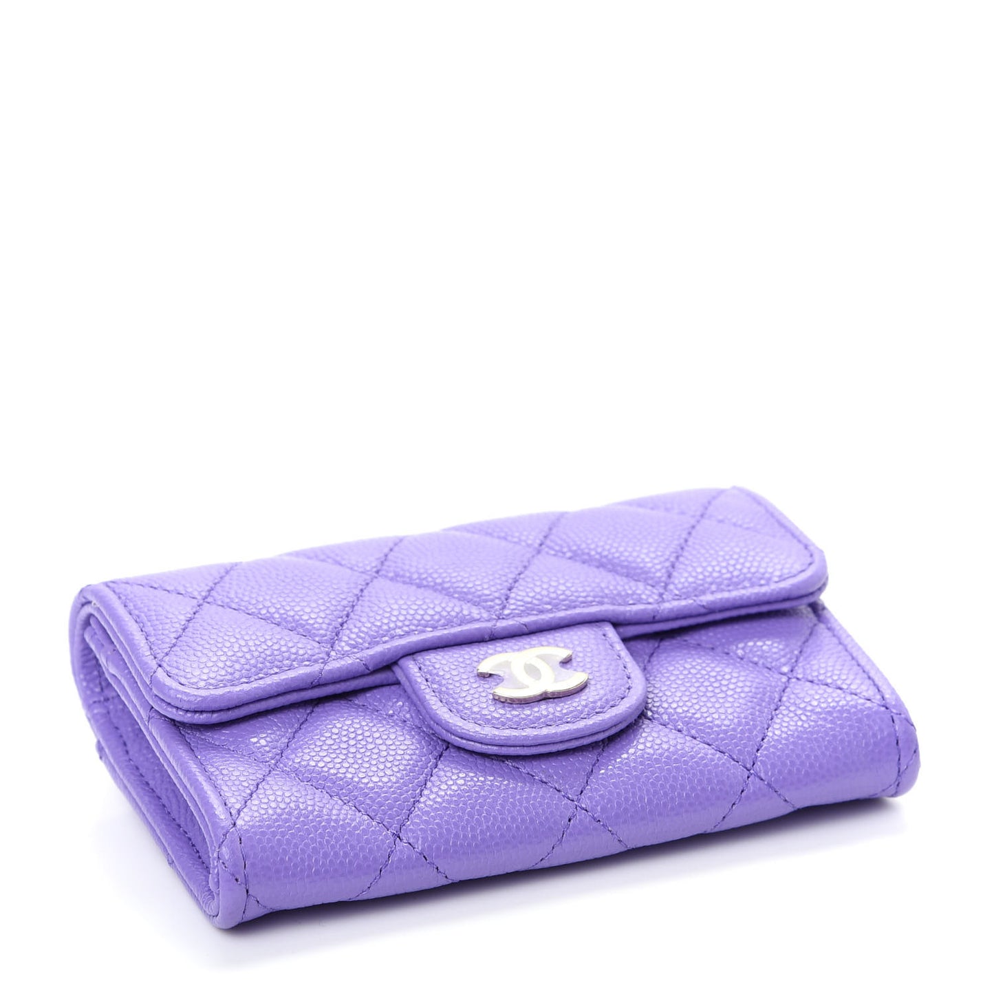 Caviar Quilted Flap Card Holder Wallet Purple
