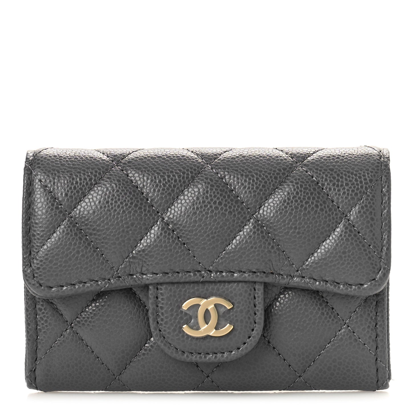 Caviar Quilted Flap Card Holder Wallet Dark Grey