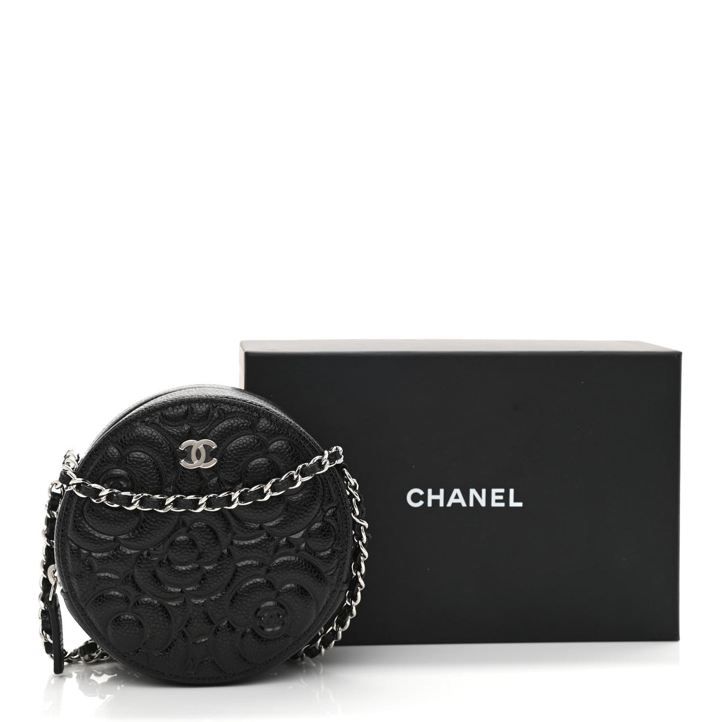 Caviar Camellia Embossed Round Clutch With Chain Black