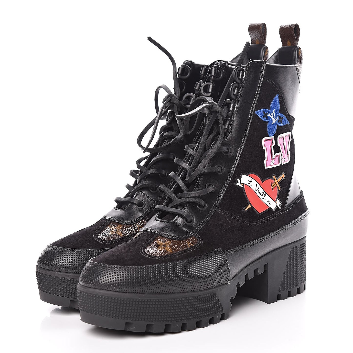 Suede Calfskin Monogram LV Black Heart Laureate Platform Desert Boots 40 Black
