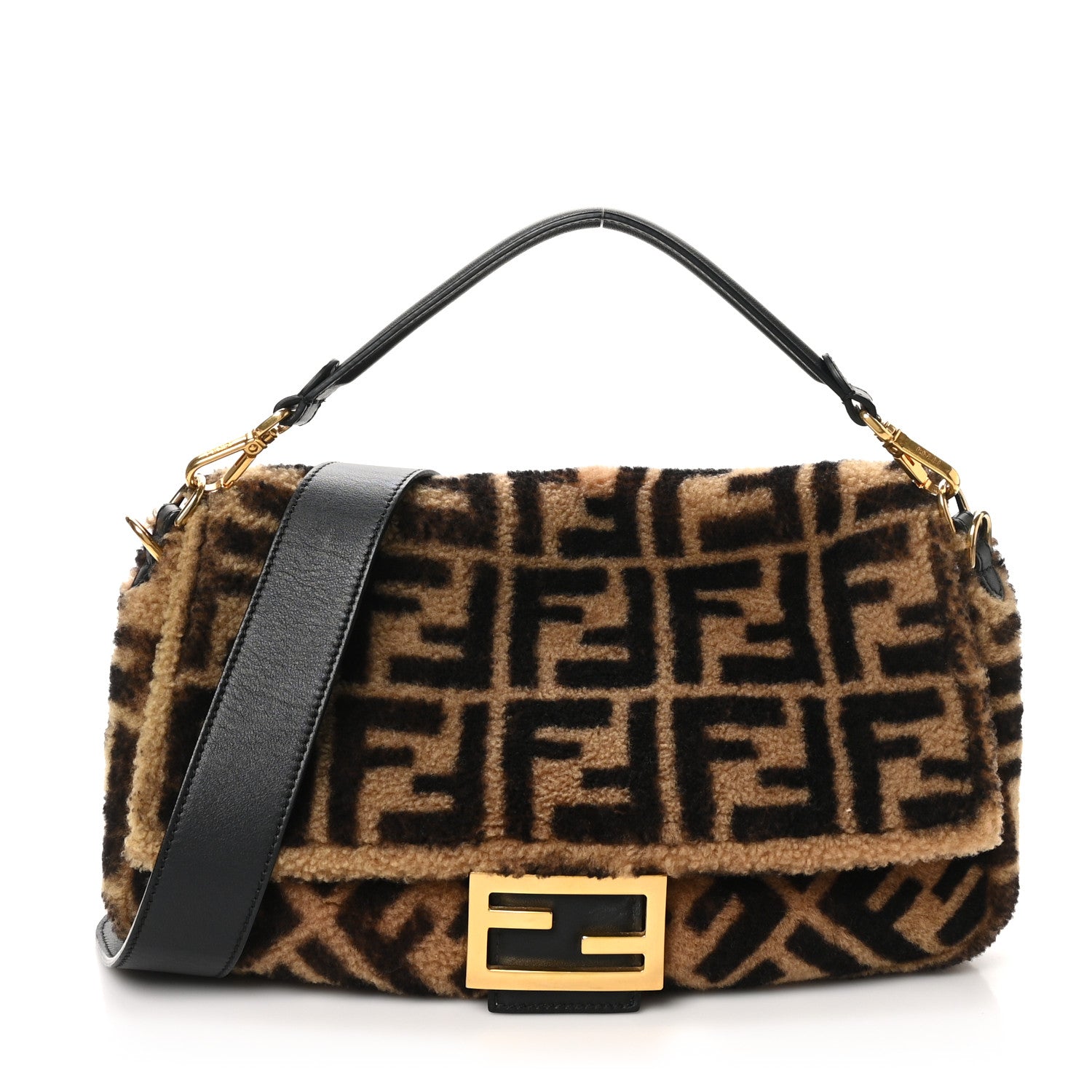 Fendi Shearling Vitello Dolce Macro FF 1974 Large Baguette Tobacco Black 1 of 10