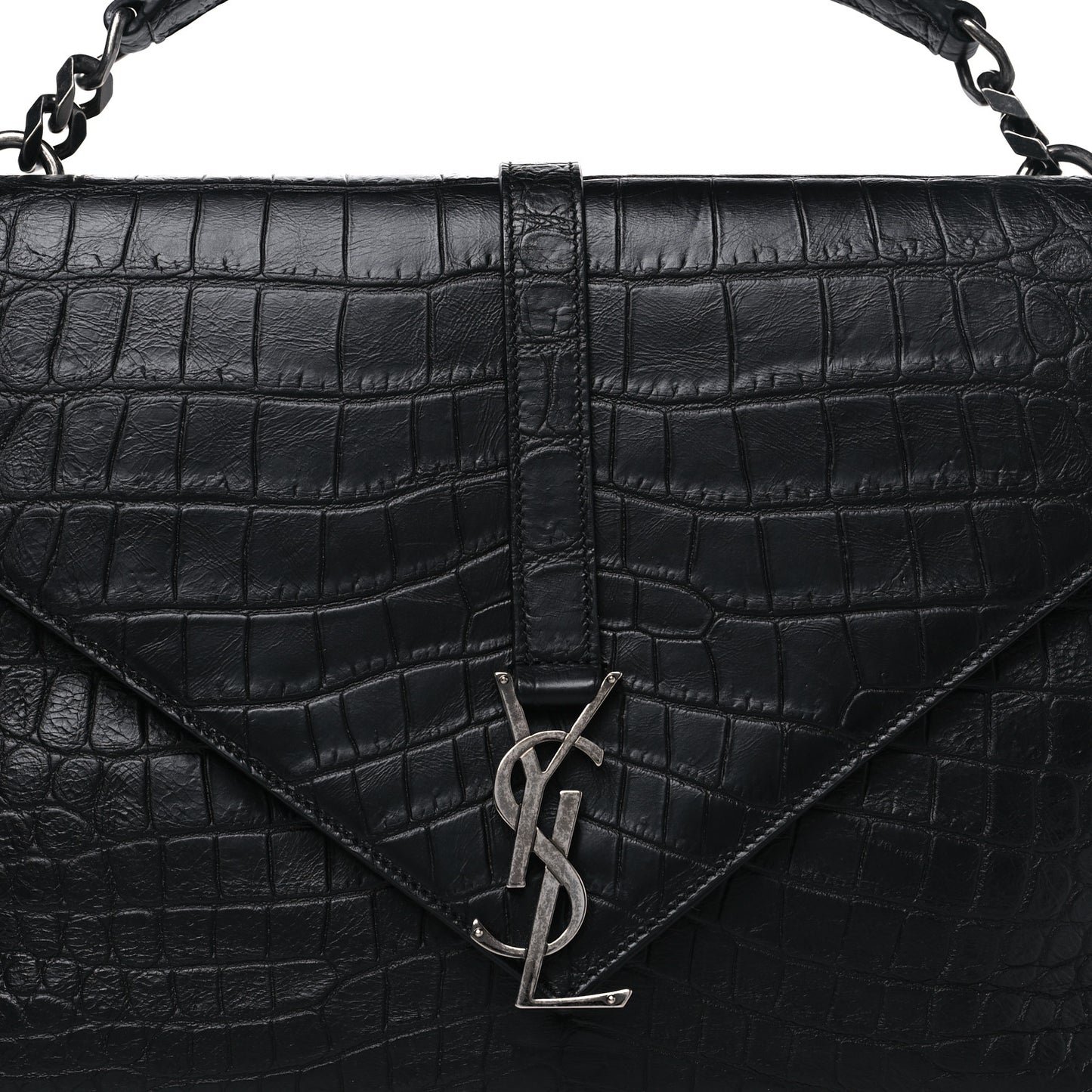 Calfskin Crocodile Embossed Large College Monogram Satchel Black