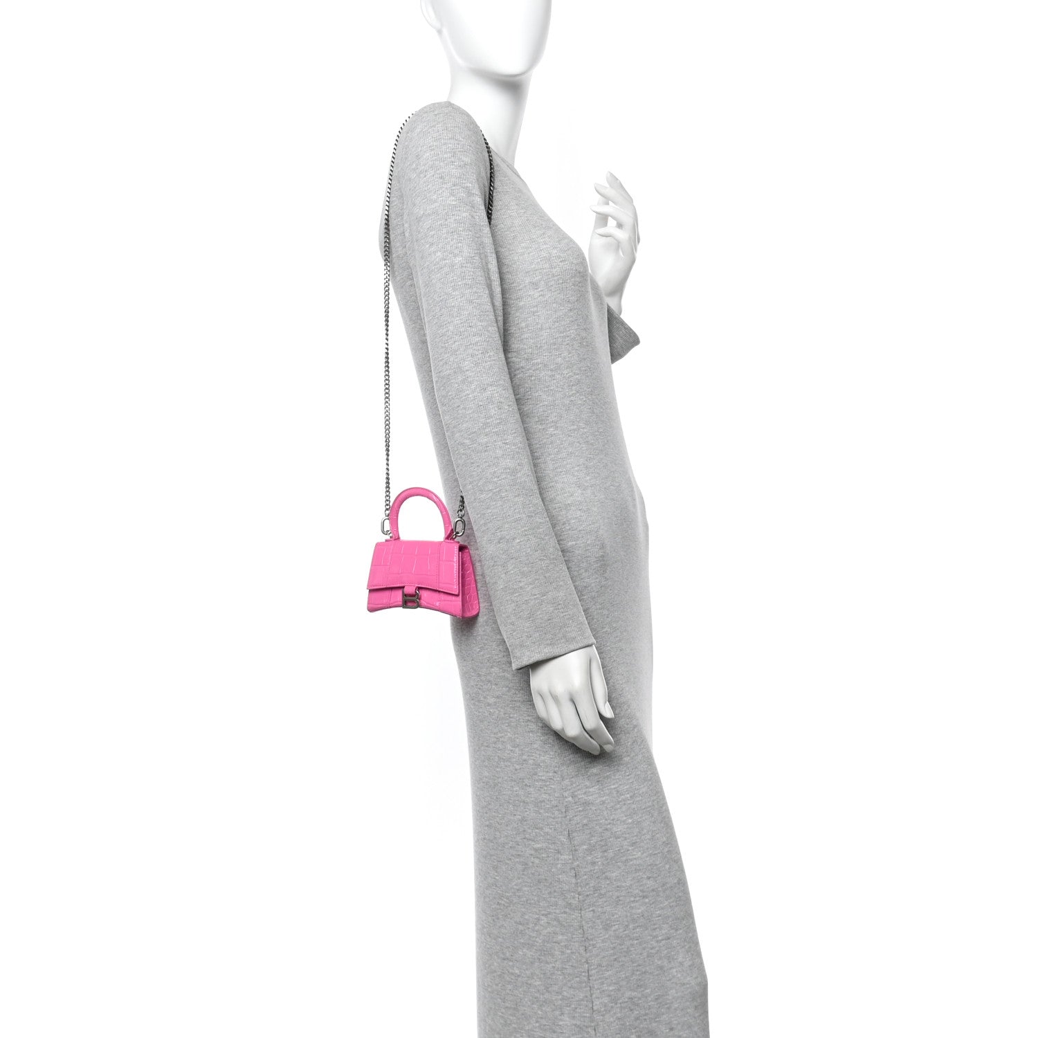 Balenciaga Shiny Calfskin Crocodile Embossed Hourglass Top Handle Bag Mini with Chain Neon Pink 2 of 13