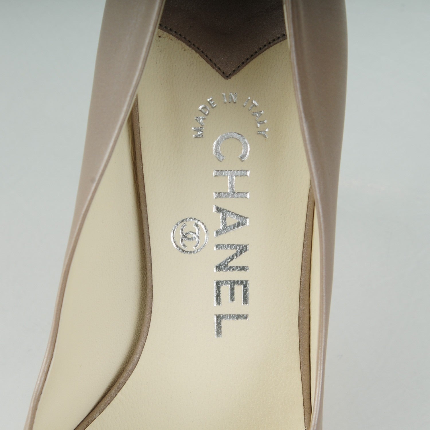 Chanel Metallic Calfskin CC Peep Toe Pumps 37.5 Beige 7 of 7